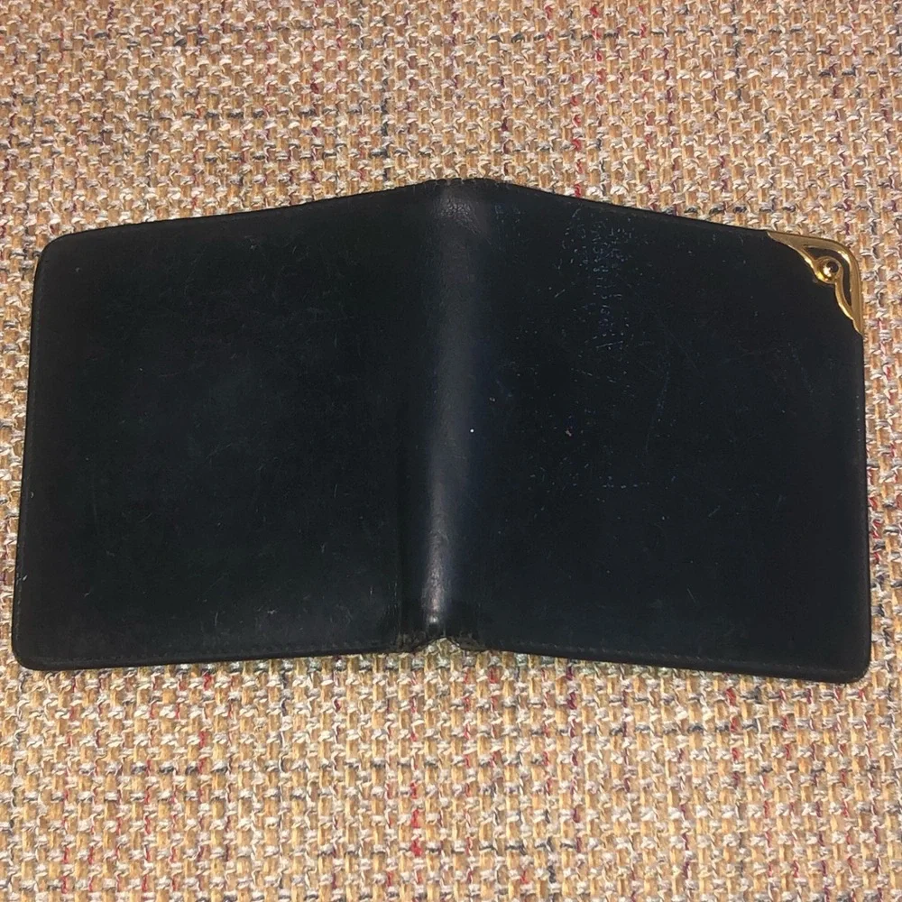 CARTIER Black Leather Sapphire Gold Bifold Wallet Coin Pocket Made In France